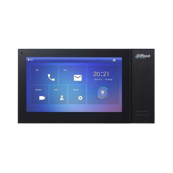 DAHUA VTH2421FB-P - Monitor IP táctil de 7" Serie Pro, con 8GB de memoria embebida, PoE estándar, ranura MicroSD, soporta llamada grupal, videos, mensajes, 6 entradas/salidas de alarma, y hasta 9 monitores adicionales