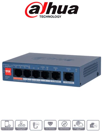 DAHUA DH-CS4006-4ET2GT-60 - Switch PoE de 6 Puertos Administrable/ 4 Puertos PoE Downlink 10 & 100/ 2 Puertos Uplink GE/ 60 Watts Totales/ Administrable en la Nube Dolink Care / PoE Hasta 250 Metros/ Carcasa Metalica/ Switching 4.8 Gbps