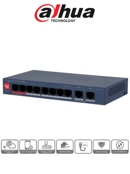 DAHUA DH-CS4010-8ET2GT-110 - Switch PoE de 10 Puertos/ 8 Puertos PoE 10 & 100/ 2 Puertos Uplink GE/ 2 Puertos PoE con Suministro de Hasta 90W/ 110 Watts Totales/ Administrable en la Nube por DoLynk Care/ PoE 250 Metros/ Metal/ Switching 5.6 Gbps