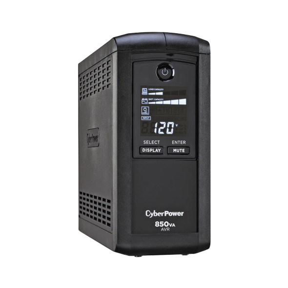 CYBERPOWER CP850AVRLCDA UPS de 850 VA/510 W, Topología Línea Interactiva, Entrada 120 Vca NEMA 5-15P, Tipo Mini Torre, Con 9 Tomas NEMA 5-15R, Pantalla LCD multifunción para monitoreo en tiempo real