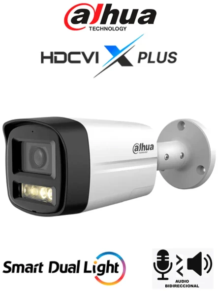 DAHUA DH-HAC-HFW1500TLMN-IL-T - Camara Bala de 5 Megapixeles/ Audio 2 Vías/ Iluminador Dual Inteligente Mediante IR y Luz Calida/ 3DNR Para Reducción de Ruido en Imagen/ Lente de 2.8mm/ IR de Hasta 40 Mts/ IP67/ Policarbonato + Metal