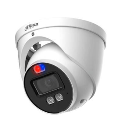 Dahua HAC-ME1239HN-A-PV - Cámara Domo TiOC de 2 Megapixeles/ Disuasion Activa Luz Roja y Azul/ Lente de 3.6 mm/ Super Adapt/ Microfono y Altavoz Integrados/ 40 Metros de Iluminación (IR y Cálida)/ Metalica/ IP67.