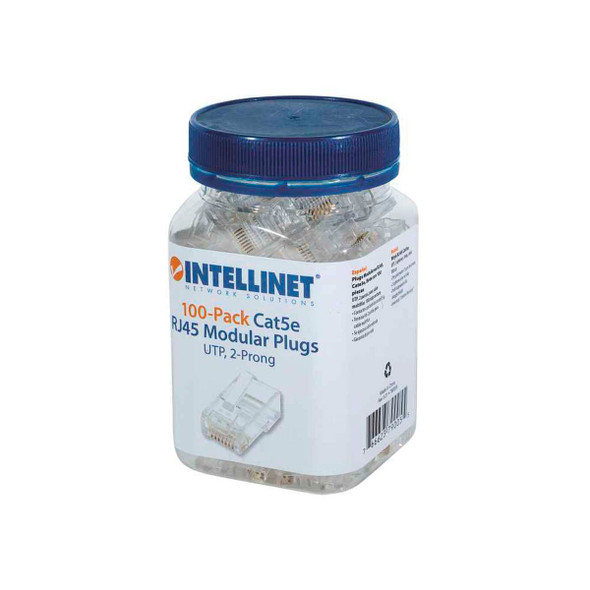 INTELLINET 790055 - Paquete de 100 conectores modulares Cat5e RJ45 / UTP, 2 pines, para cable trenzado, 100 clavijas en bote.