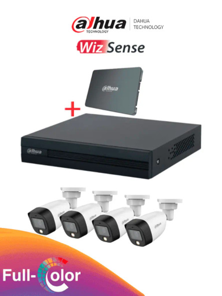 DAHUA KIT/XVR1B04-I-SSD512G4HFW1209 - Kit FullColor de 4 Canales con SSD de 512GB/ 4 Camaras Full Color de 2 Megapixeles con Microfono/ DVR Cooper-I WizSense.