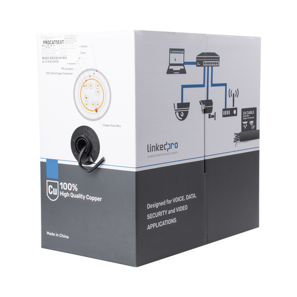 LINKEDPRO PRO-CAT-5-EXT-V2 Bobina de cable de 305 m, Cat5e, FTP, blindado, para intemperie, color negro, UL, para aplicaciones en video vigilancia, redes de datos (Carrete Easy Pull).