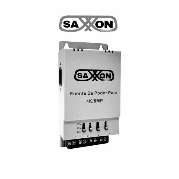 SAXXON ENERGIA PSU1205A-4K - Fuente de poder Regulable Metálica/ Conexión de Hasta 4 Canales/ Voltaje de Ajuste 12V 13V o 15V cc/ Salida de Hasta 5 Amp en los 4 Canales/ Instalación en Pared. 