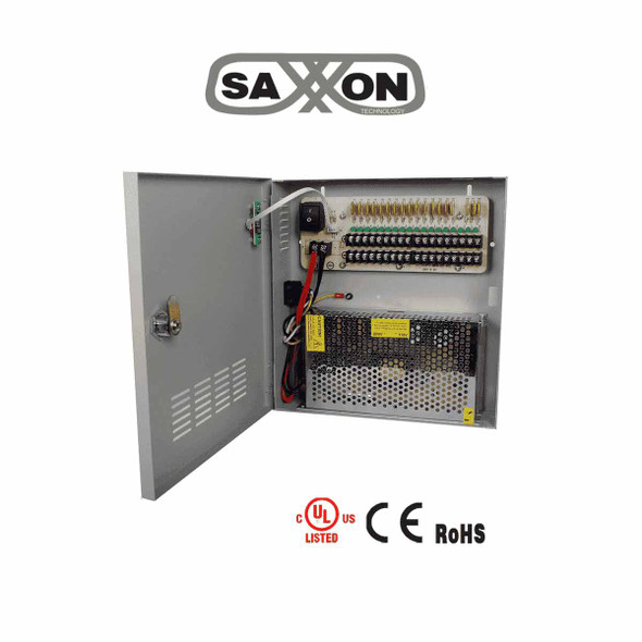 SAXXON PSU1220D18 - Fuente de 12 vcd/ 20 Amperes/ Para 18 Camaras/ 1.1 Amper por Canal/ Protección contra Sobrecargas/ Certificación UL,Voltaje de entrada 120VAC Corriente de entrada 4A Voltaje de salida 12VDC.