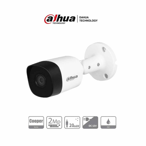 DAHUA HAC-B2A21-28 - Cámara Bullet de 2 Megapíxeles. Resolución 1080p. Lente de 2.8 mm con ángulo de 100 grados. Alcance IR de 20m, metálica IP67. Compatible con CVI, TVI, AHD y CVBS. Incluye menú OSD/