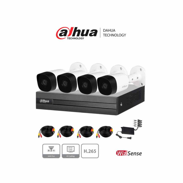 DAHUA KITXVR1B04H-I+4B2A51 -Kit de 4 Ch de 5 MP/ DVR Cooper-I WizSense/Con IA/ H.265+/4 Camaras B2A51 Metalicas/4 Ch + 1 IP o Hasta 5 Ch IP/ 4 Ch SMD Plus.
