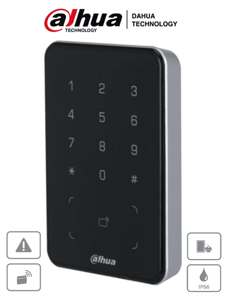 DAHUA ASR2101A-D - Lectora de Tarjetas ID con Teclado para Panel de Control de Acceso/ Uso Exterior/ Soporta Comunicación Wiegand y RS-485/ Modos de desbloqueo: Tarjeta y Codigo/ Alarma Anti-manipulación/ IP66/ Zumbador e Indicador de Aviso