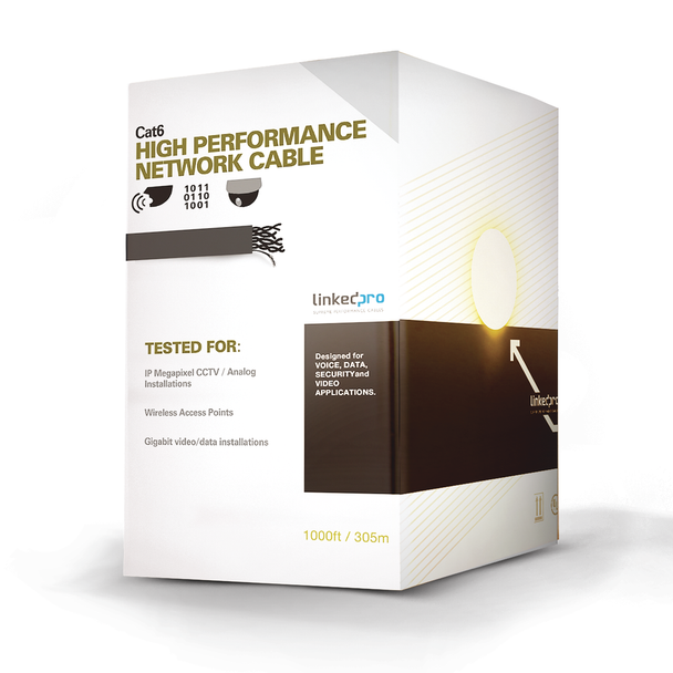 LinkedPro PRO-CAT-6 Bobina de Cable de 305 m (1000 ft) Cat6 aleación de Cobre y Aluminio ( CCA ), color Azul Versión Económica. Uso en interior.Soporta CCTV IP megapíxel y video análogo,Conductor CCA, diámetro de 6.1 mm.