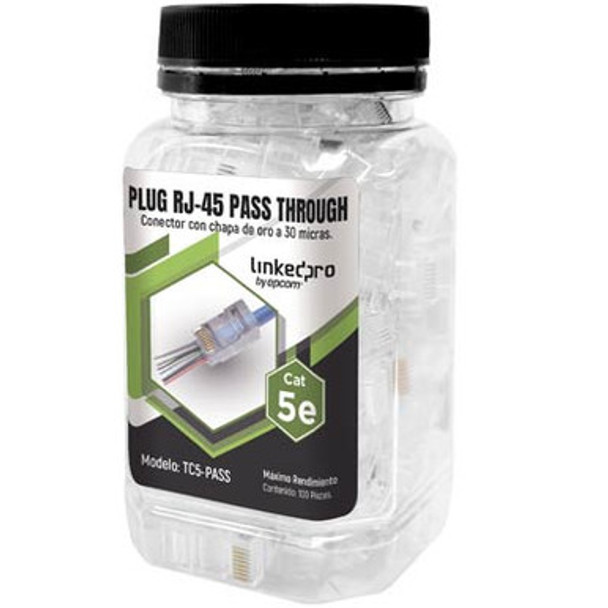 LINKEDPRO TC5-PASS BOTE CON 100 PLUGS PASS THROUGH RJ45 Cat5e SIN BLINDAJE, chapado de oro a 30 micras para durabilidad extrema.