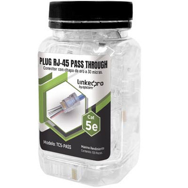 LINKEDPRO TC5-PASS BOTE CON 100 PLUGS PASS THROUGH RJ45 Cat5e SIN BLINDAJE, chapado de oro a 30 micras para durabilidad extrema.
