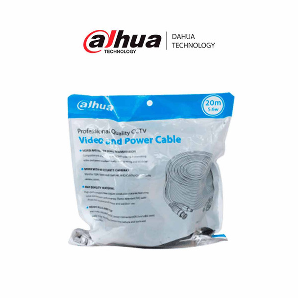DAHUA DH-PFM942I-20-5-Cable armado de 20 metros para video y energía, compatible con cámaras hasta 4K. Incluye conectores BNC y de energía, ideal para uso interior y exterior. Fabricado con cobre de alta pureza, soporta AHD, CVI, TVI, y CVBS
