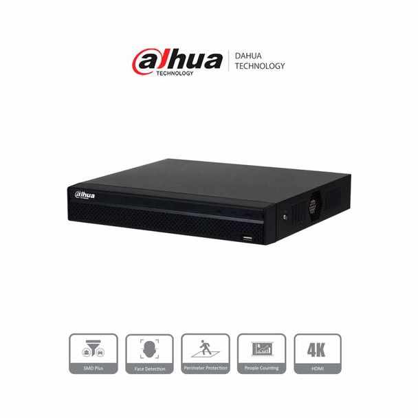 DAHUA DHI-NVR4108HS-8P-4KS3 NVR de 8 MP / 4k / 8 canales IP/ 8 puertos PoE/ Rendimiento de 160 mbps/ H.265+/ 1 Bahía para disco duro/ Soporta cámaras WizSense/ HDMI 4K & VGA/