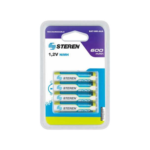 Steren SKU: BAT-NM-AAA Paquete Pilas Recargables AAA, voltaje1.2V, NiMH, 4 Piezas, Capacidad nominal 600 mAh Composición de Níquel-Metal