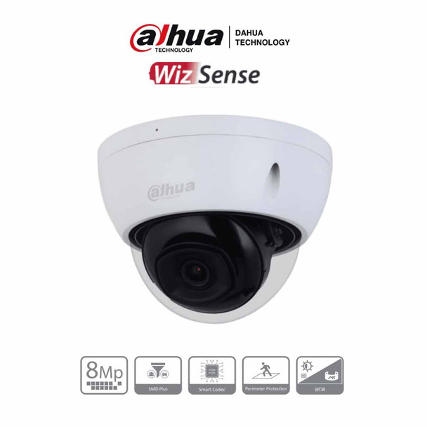 DAHUA IPC-HDBW2841E-S -Cámara IP Domo Antivandálica 4k/ 8 Megapíxeles/ Lente de 2.8mm/ 106 Grados de Apertura/ H.265+/ WDR Real de 120 dB/ IR de 30 Mts/ Video analíticos con IVS/ IP67/ IK10/ PoE/ Ranura para MicroSD/