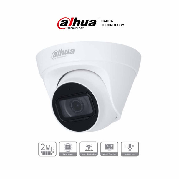 DAHUA IPC-HDW1230T1-A-S5-Cámara IP Domo 2MP con lente de 2.8 mm, ángulo de visión de 102 grados, micrófono integrado, IR de 30m, IP67, PoE, DWDR.