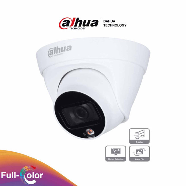 DAHUA DH-IPC-HDW1239T1P-A-LED-0280B-S6 - Cámara IP Domo Full Color de 2MP con lente de 2.8mm y 110° de visión. Cuenta con micrófono integrado, luz blanca de 15m, compresión H.265, protección IP67, PoE y DWDR.