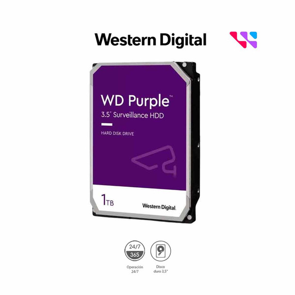 WESTERN WD10PURZ - Disco Duro de 1TB Purple/ Especial Para Videovigilancia/ Trabajo 24/7/ Interface: Sata 6 Gb/s/ Hasta 64 Cámaras/ Hasta 8 Bahías de Discos Duros/ 1 Años de Garantía.