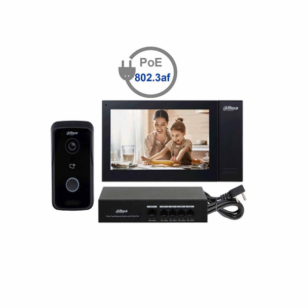 DAHUA DHI-KTP02 - Kit de videoportero IP con monitor táctil de 7" de 8GB de memoria embebida,alarmas 6&1, frente de calle con apertura remota y tarjetas Mifare (IC Card). Incluye un switch PoE de 4 puertos 10/100.