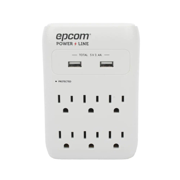 EPCOM EPLSPWUSB Multicontacto de Pared 110 Vca/ Supresor de Picos 1080 Joules/ 6 x Nema 5-15P/ 2 x USB (5V a 3.4A), Capacidad máxima de 1800W en 120 VCA.