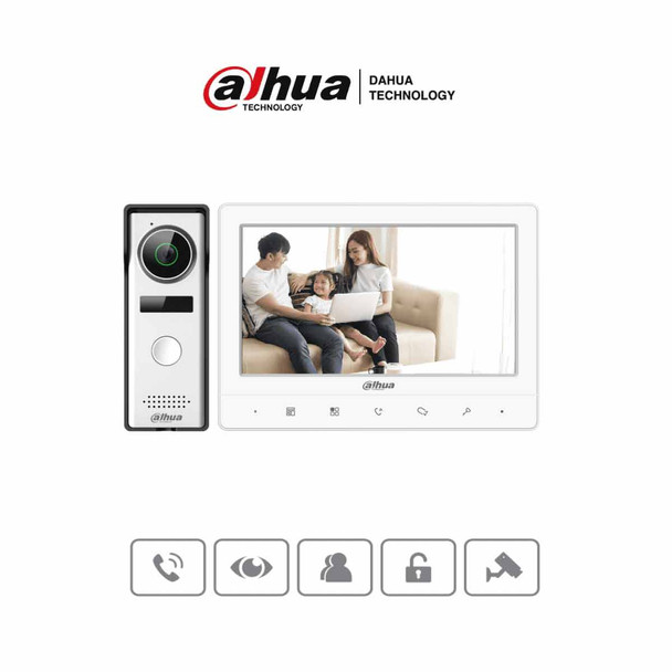 DAHUA KTA02 - Kit de Video portero analógico con monitor táctil de 7" y frente de calle con cámara de 1.3MP con DWDR y protección IP66. Controla hasta 2 frentes de calle y 3 monitores, con apertura de puerta