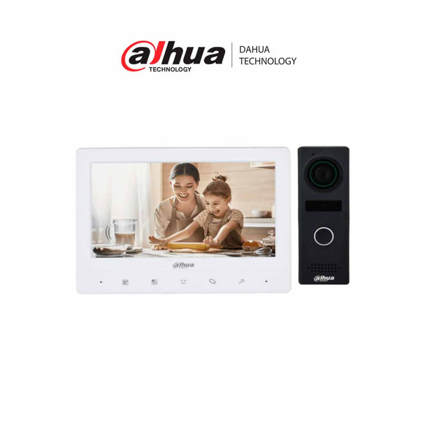 DAHUA KTA02M - Kit de videoportero analógico con frente de calle metálico y cámara de 1.3 MP, DWDR e IR automático. Incluye monitor TFT de 7", entrada y salida de audio, y soporte para botón de salid