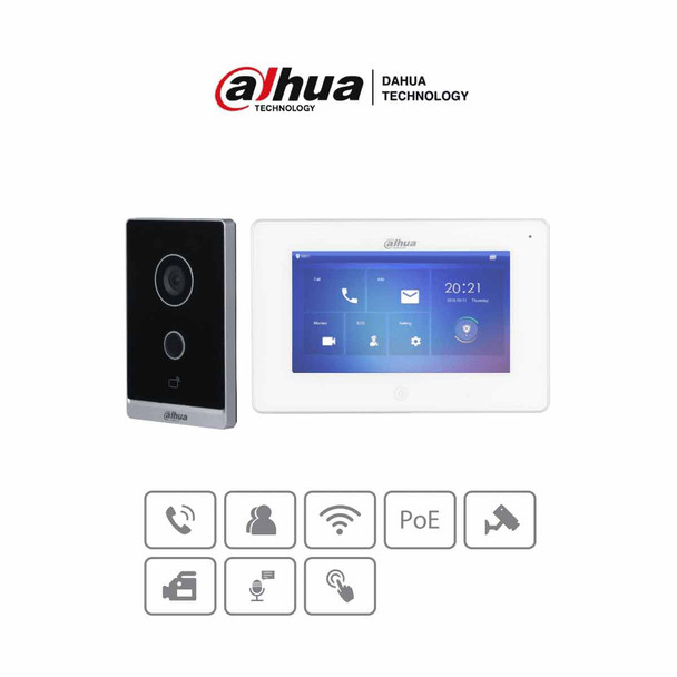 DAHUA KTW01 - Videoportero WiFi con monitor de 7", 6 entradas y 8 zonas de alarma, ranura MicroSD para grabación, cámara 2MP con WDR real e IR, controla 1 puerta, apertura con tarjeta.