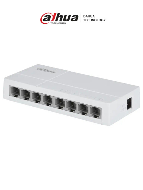 DAHUA DH-SF1008L - Switch de Escritorio con 8 puertos Fast Ethernet (10/100 Mbps), diseño compacto de capa 2, con capacidad de switching de 1.6 Gbps y velocidad de reenvío de paquetes de 1.19 Mpps. Ideal para redes eficientes y compactas.