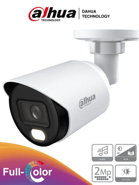 DAHUA DH-HAC-HFW1239TN-A-LED-0360B-S3 - Cámara Bala Full Color de 2 Megapixeles 1080p, micrófono integrado, lente de 3.6mm, WDR 130dB, LEDs para 20m, protección IP67 y tecnología Starlight