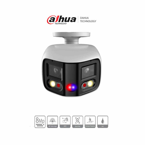 DAHUA IPC-PFW3849S-A180-AS-PV Cámara IP Bullet WizSense 2x4MP con visión de 180°, MultiVision, LED IR 25m y luz cálida 20m. Disuasión activa con micrófono dual y altavoz integrado, EPTZ, SMD 4.0, PoE, IP67.
