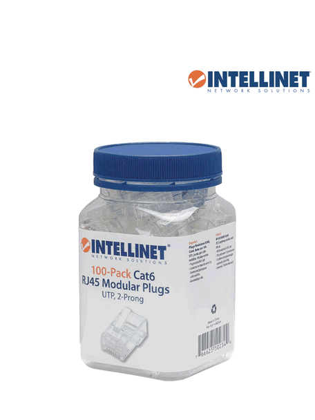 INTELLINET 502344 PLUG RJ45 CAT6 BOTE 100 PZAS, Este Plug RJ45 de 8 contactos, te sirve para armar cables multifilares y realizar instalaciones o renovaciones de redes de computadoras o conectar cables de red a rosetas, ruteadores, módems.