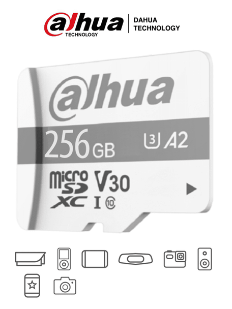 DAHUA TF-P100/256G - Dahua Memoria Micro SD de 256 GB UHS-I/ C10/U3/V30/A2/ Velocidad  de Lectura 100 MB/s/ Velocidad de Escritura de 80 MB/s/ Especializada para Videovigilancia