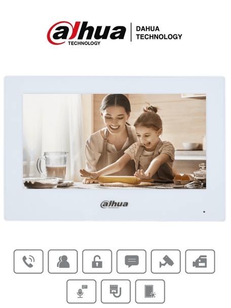 DAHUA VTH2621GW-P - Monitor IP Touch de 7 Pulgadas/ Serie Lite/ Blanco/ Poe Estandar/ 6&1 E&S de Alarmas/ Uso Interior/ Modo No Molestar/ H.265/ Soporta Hasta 4 Frentes de Calle y 4 Monitores Adicionales