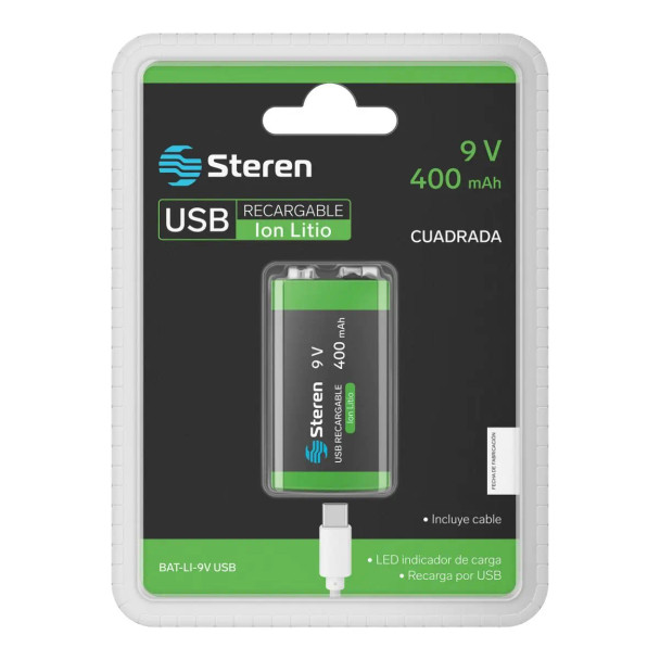 STEREN BAT-LI-9V USB Batería recargable USB Li-Ion tipo 9V (cuadrada)/ Capacidad nominal: 3600 mWh (400 mAh)/ Recarga por USB C/ Libre de mercurio y cadmio/ Dimensiones: 4.8 cm x 2.6 cm x 1.7 cm