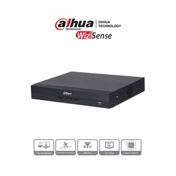 DAHUA XVR5108HS-4KL-I3 - DVR 4K WizSense de 8 canales + 8 IP o hasta 16 IP. Incluye SMD Plus, Protección Perimetral y reconocimiento facial, codificación con IA, H.265+, y soporta CVI, AHD, TVI, CVBS e IP. Compatibilidad con IoT y POS