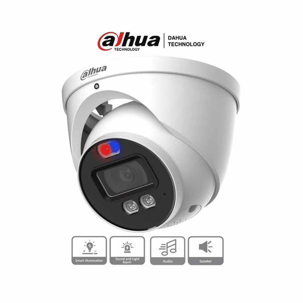 DAHUA HAC-ME1239HN-A-PV - Cámara Domo TiOC de 2 Megapixeles/ Disuasion Activa Luz Roja y Azul/ Lente de 3.6 mm/ Super Adapt/ Microfono y Altavoz Integrados/ 40 Metros de Iluminación (IR y Cálida)/ Metalica/ IP67.