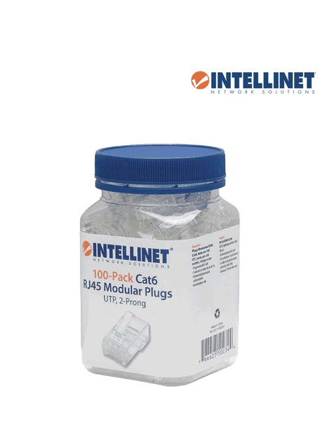 INTELLINET 502344 PLUG RJ45 CAT6 BOTE 100 PZAS, Este Plug RJ45 de 8 contactos, te sirve para armar cables multifilares y realizar instalaciones o renovaciones de redes de computadoras o conectar cables de red a rosetas, ruteadores, módems.