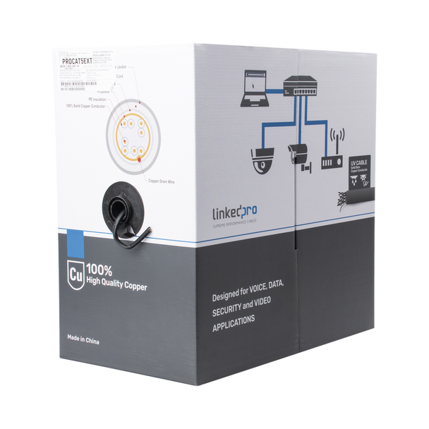 PRO-CAT-5-EXT-V2 Bobina de cable de 305 m, Cat5e, FTP, blindado, para intemperie, color negro, UL, para aplicaciones en video vigilancia, redes de datos (Carrete Easy Pull).