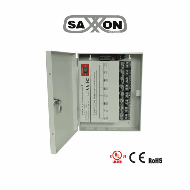 SAXXON PSU1213D8H- Fuente de Poder Profesional de 11 a 15 vcd/ 13 Amperes/ Para 8 Cámaras Hasta 4k/ 1.6 Amperes por Canal/ Protección contra Sobrecargas/ Filtro de Ruido por Canal/ Uso rudo/