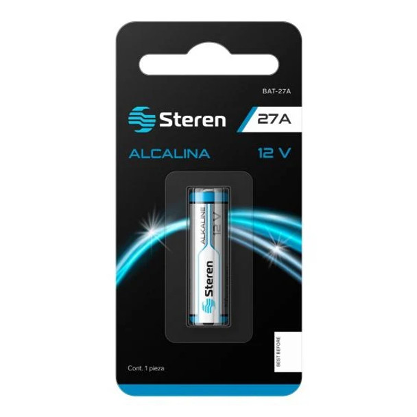 STEREN BAT-27A PILA CILINDRO 12V,Pila o batería alcalina tipo cilindro, de 12 Volts, capacidad nominal de 20 mAh (mili Amperes hora), diámetro 7,7 mm. Se usa principalmente en controles remotos y encendedores.