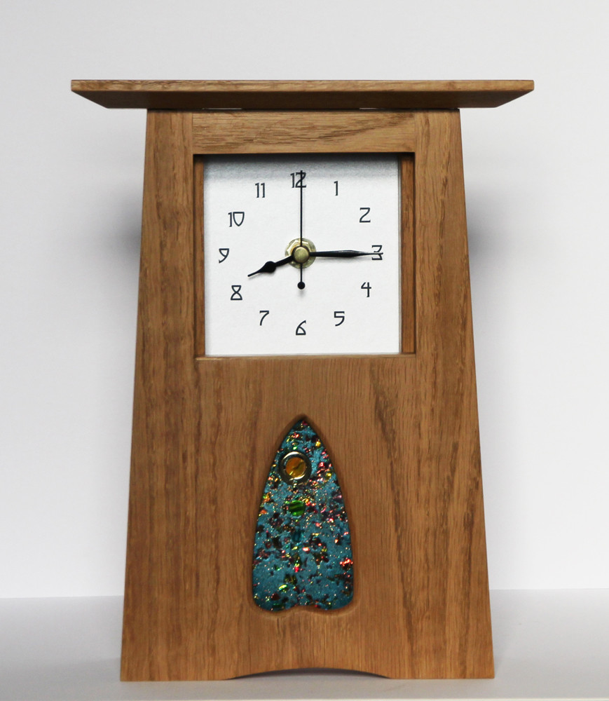 Oak Clock 215 by Archie McDonald with Glass Art Panel by Robert Ryan SOLD
