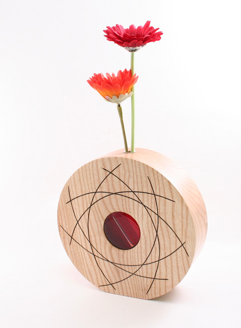 Ash Mini Porthole Vase with Red Fused Glass Discs by Harmonies in Wood SOLD