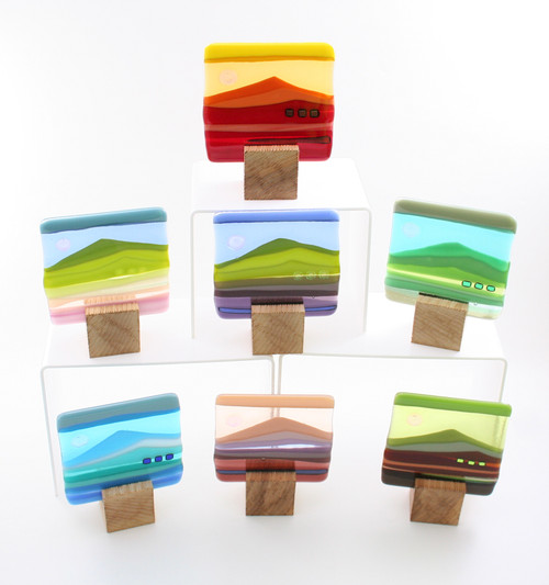 Small Blockscape Sculpture of Landscape Panel Made with Blue, Green & Purple Fused Glass by Harmonies in Wood SOLD