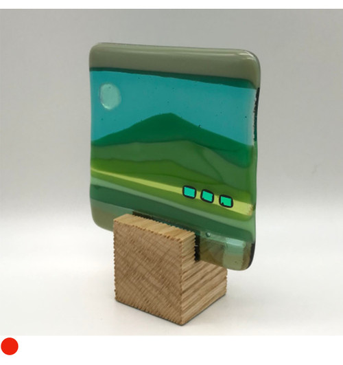 Small Blockscape Sculpture of Landscape Panel Made with Green Fused Glass by Harmonies in Wood SOLD