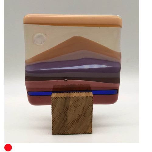 Small Blockscape Sculpture of Landscape Panel Made with Purple Fused Glass by Harmonies in Wood SOLD
