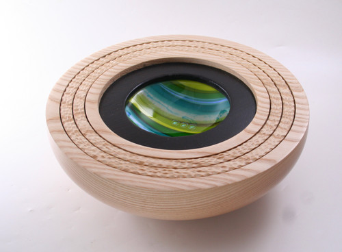 Ash Bowl with Carved Band Detail and Fused Glass Insert in Turquoise & Lime by Harmonies in Wood