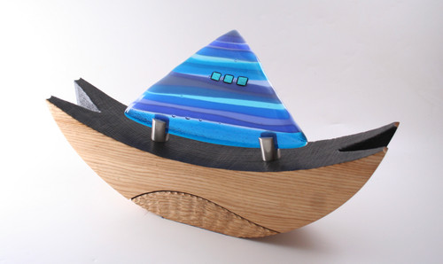Small Ash Vessel with Smoked Carved 'Wave' Detail and Fused Glass Sail in Blue by Harmonies in Wood SOLD