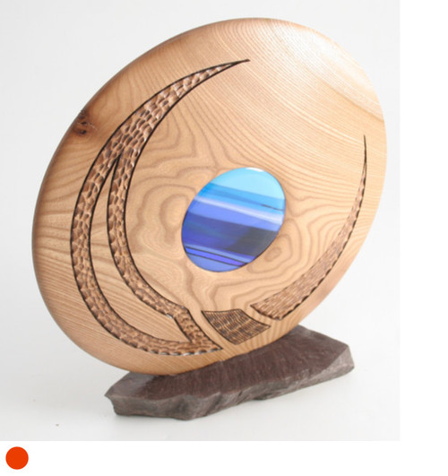  Mini Elm Discus with Fused Glass Discs in Blue by Harmonies in Wood SOLD